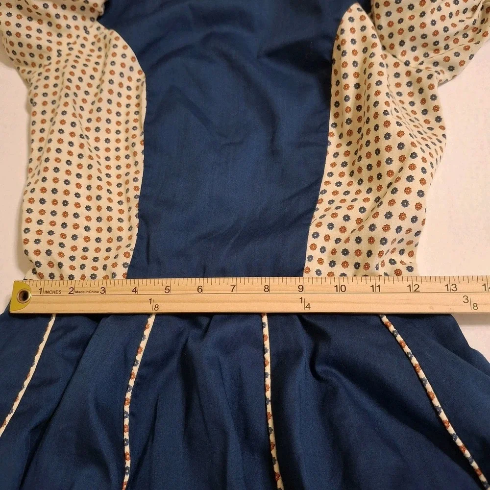Handmade Girl Dress Size 16 Navy Floral   Short Puff Sleeve Ruffled Bows Country